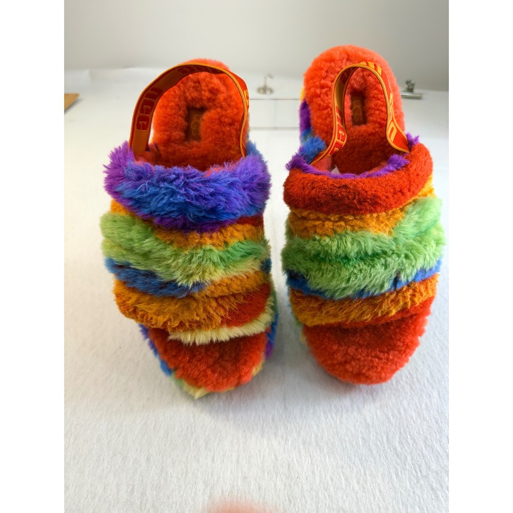 UGG Fluff Yeah Slide Rainbow Striped Sheepskin Platform Sandals Multi Color